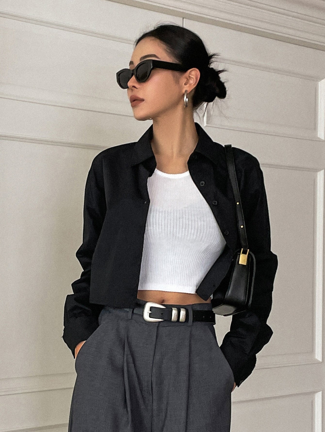 Buy SHEIN DAZY Kpop Solid Button Front Crop Shirt in Pakistan