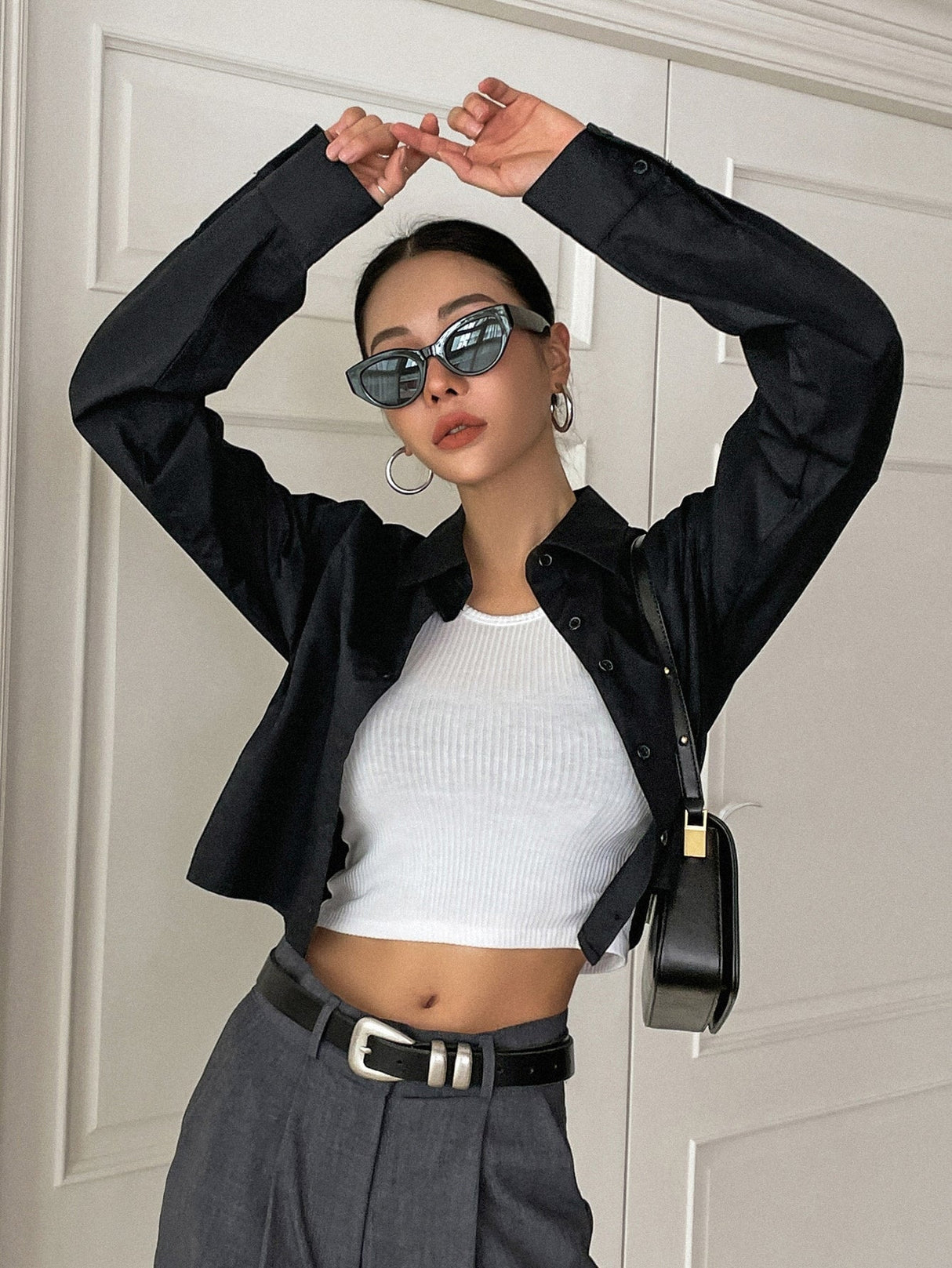 Buy SHEIN DAZY Kpop Solid Button Front Crop Shirt in Pakistan