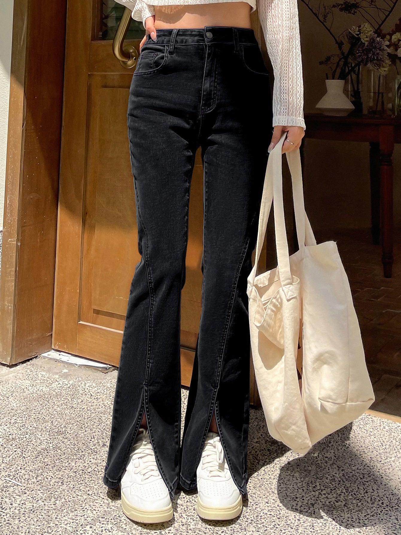 Buy SHEIN DAZY Kpop Split Hem Flare Leg Jeans in Pakistan