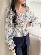 Buy SHEIN DAZY Marble Print Shirred Frill Trim Flounce Sleeve Blouse in Pakistan