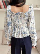 Buy SHEIN DAZY Marble Print Shirred Frill Trim Flounce Sleeve Blouse in Pakistan