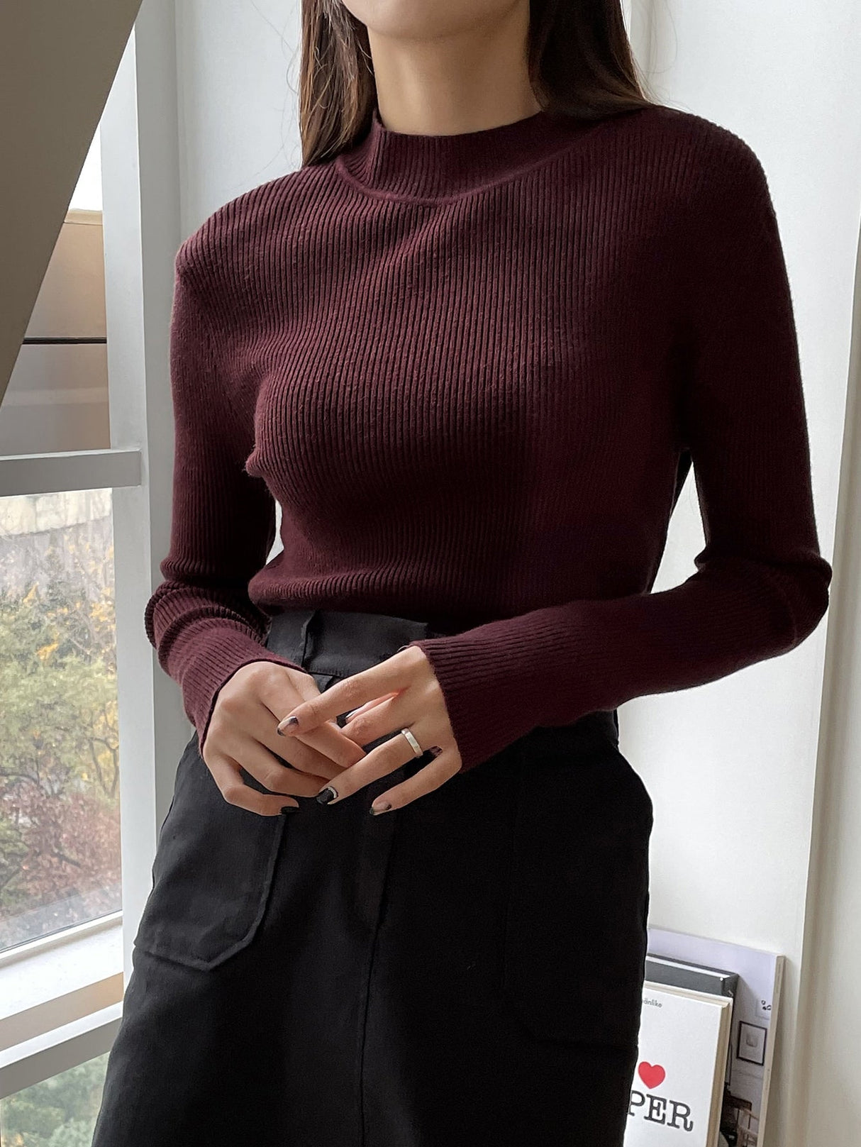 Buy SHEIN DAZY Kpop Mock Neck Ribbed Knit Sweater in Pakistan