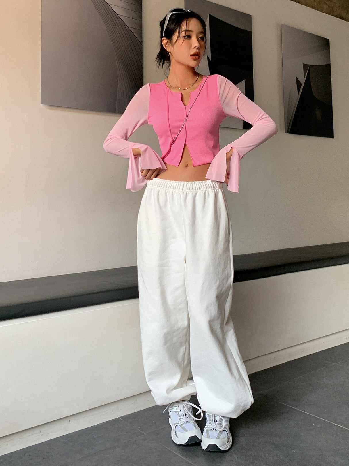Buy SHEIN DAZY Notched Neckline Flounce Sleeve Crop Tee in Pakistan