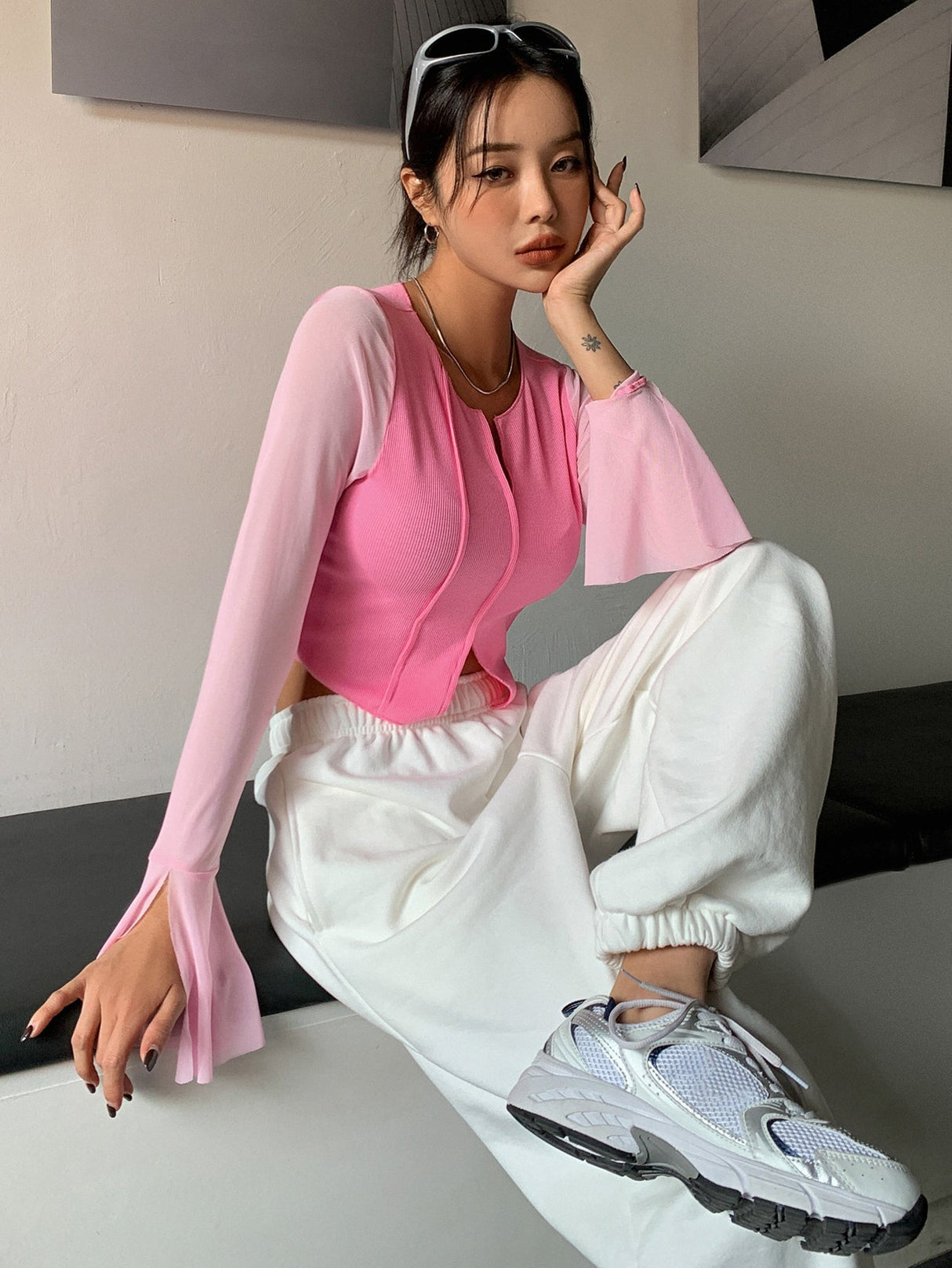 Buy SHEIN DAZY Notched Neckline Flounce Sleeve Crop Tee in Pakistan