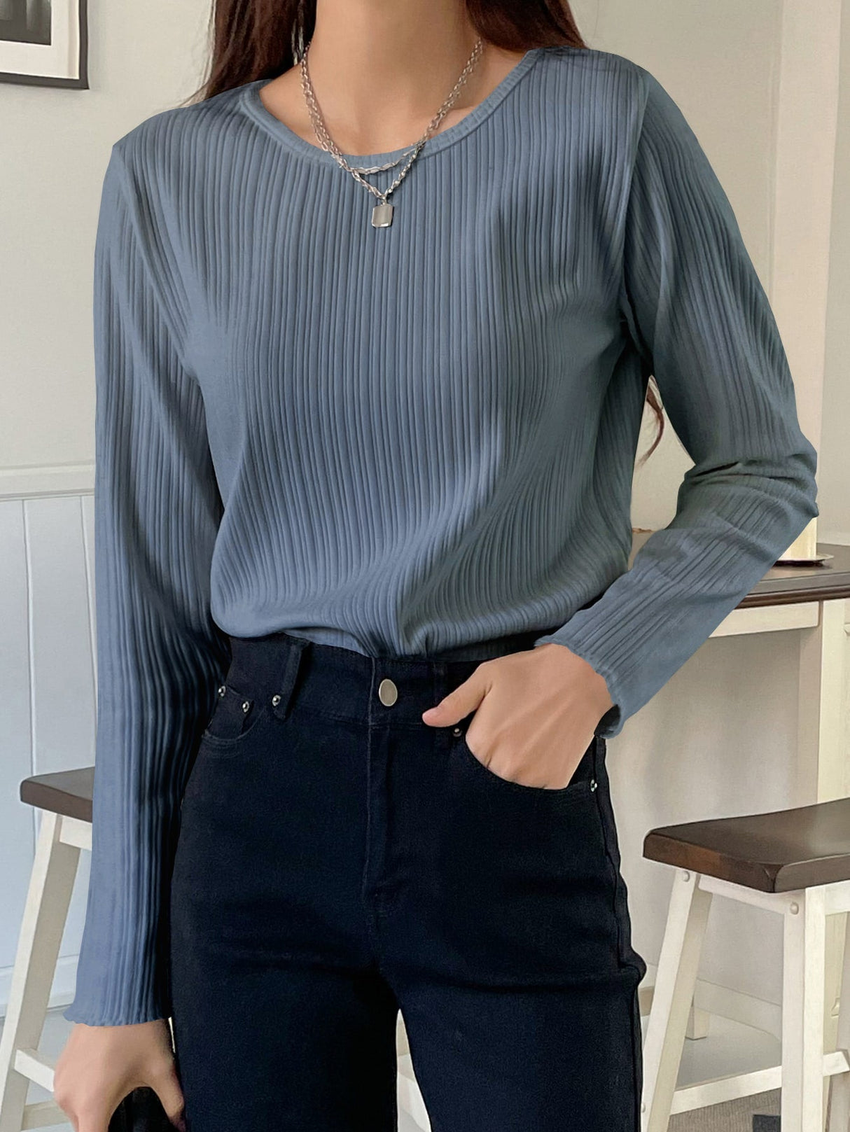 Buy SHEIN DAZY Ribbed Knit Lettuce Trim Tee in Pakistan