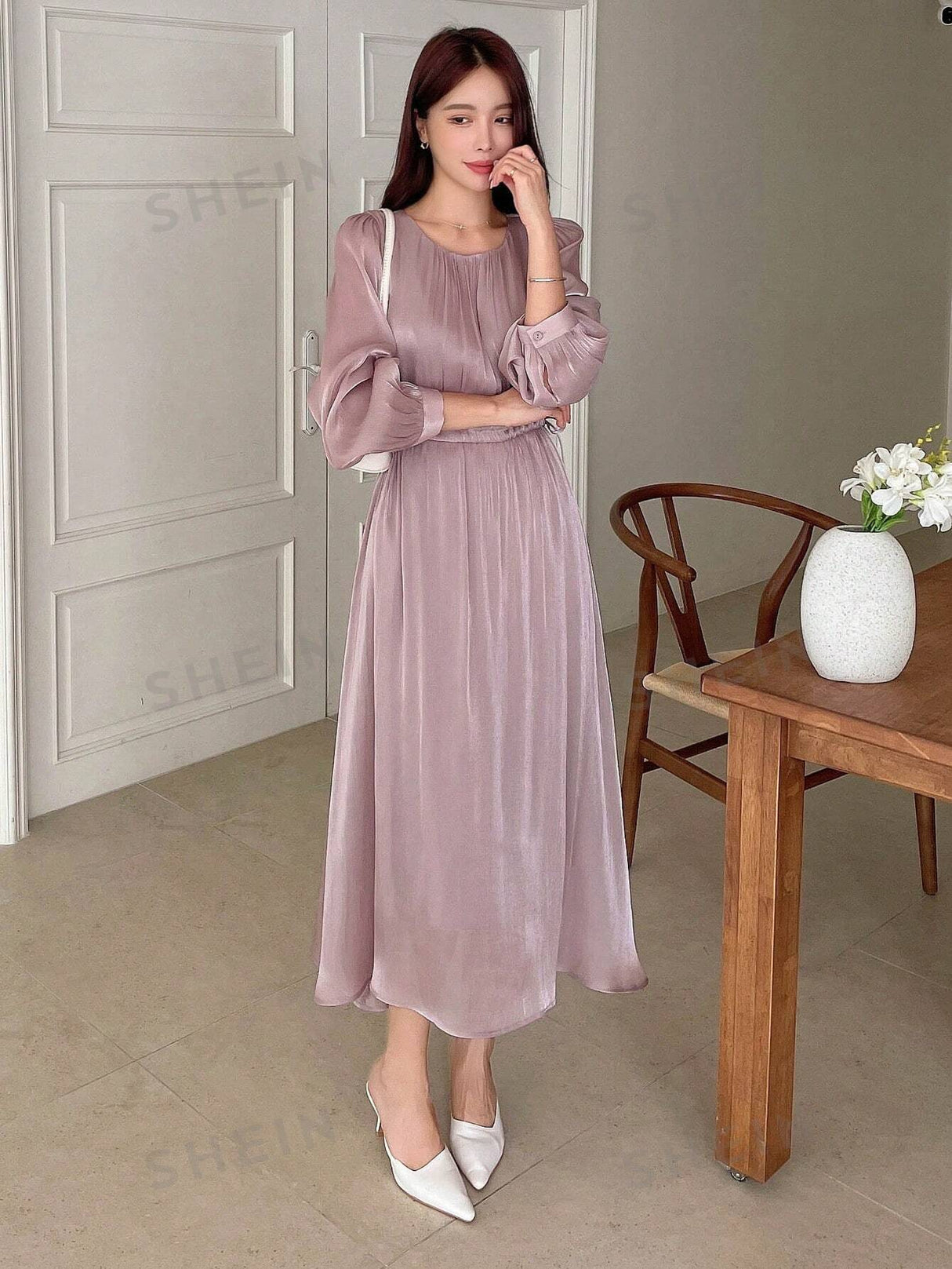 Buy SHEIN DAZY Solid Bishop Sleeve A-line Dress in Pakistan