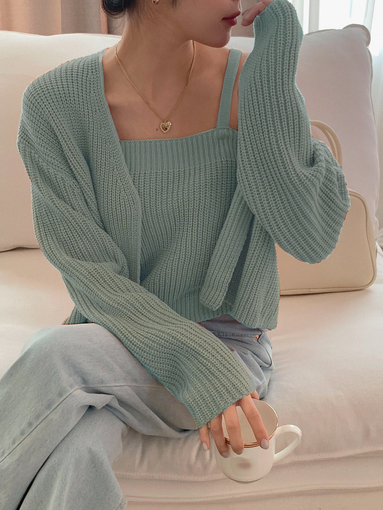 Buy SHEIN DAZY Solid Ribbed Cami Knit Top & Drop Shoulder Duster Cardigan in Pakistan