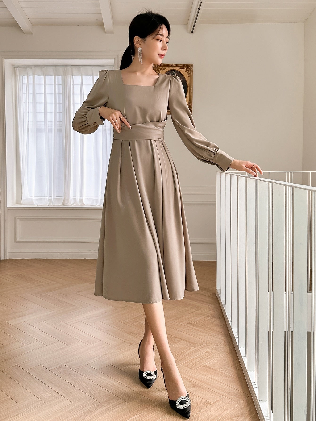 Buy SHEIN DAZY Square Neck Puff Sleeve Fold Pleated Detail Tie Back Dress in Pakistan