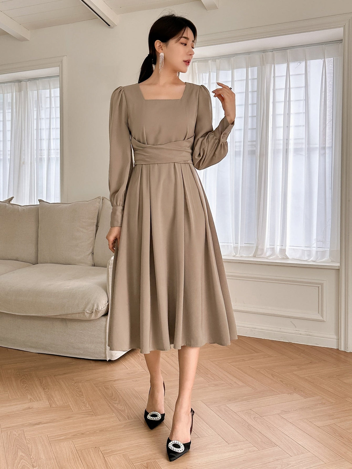 Buy SHEIN DAZY Square Neck Puff Sleeve Fold Pleated Detail Tie Back Dress in Pakistan