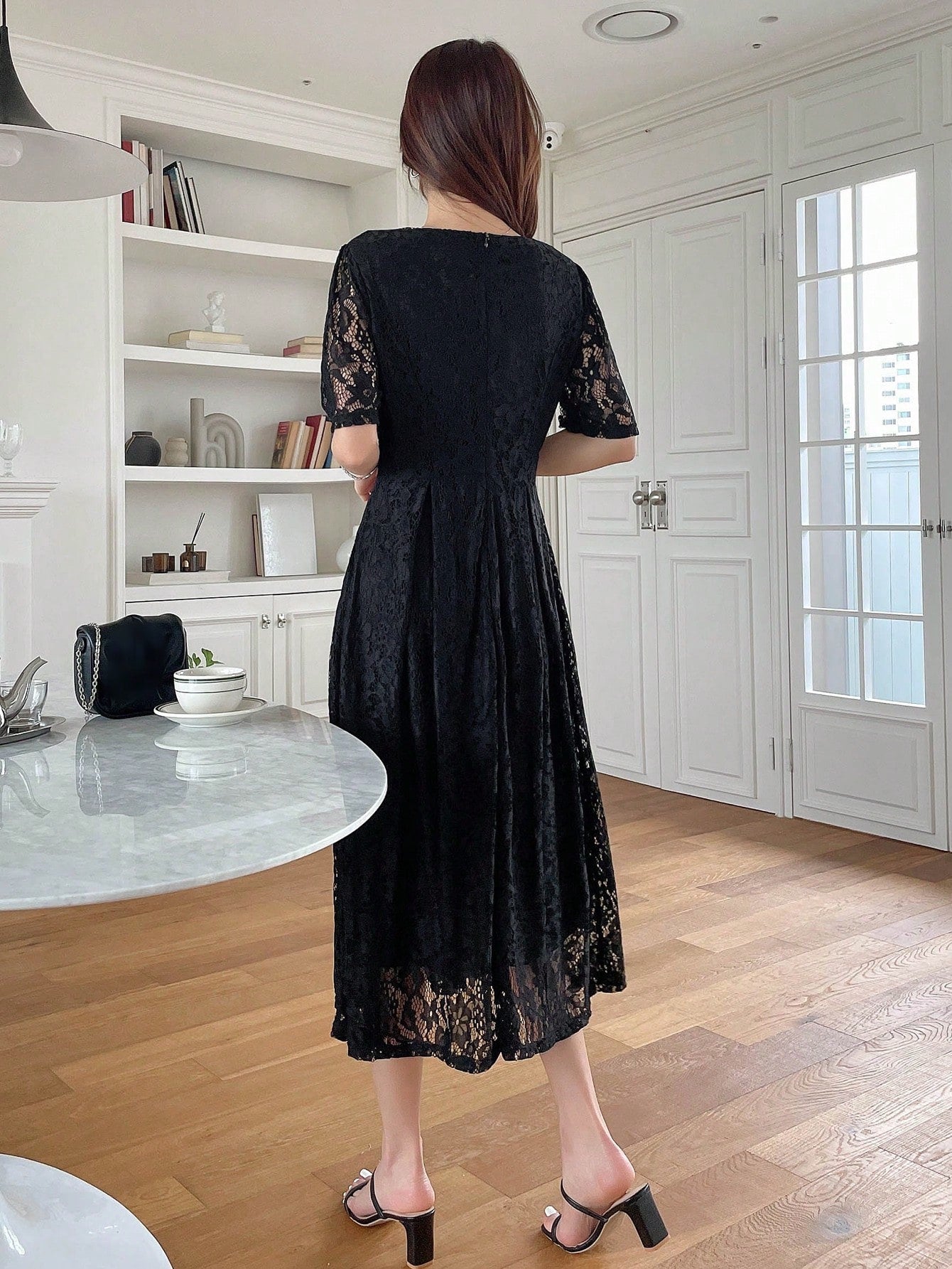 Buy SHEIN DAZY Square Neck Puff Sleeve Lace Overlay Dress in Pakistan