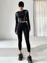 Buy SHEIN DAZY Women'S Color Block Rolled Edge Top With Solid Color Leggings Two Piece Set in Pakistan