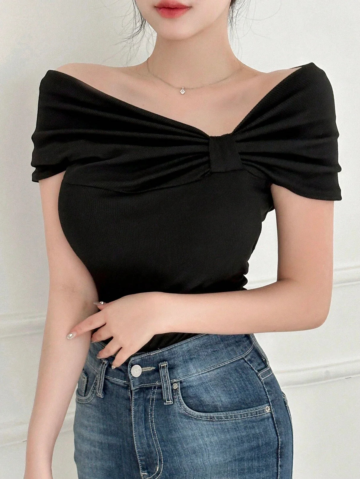 Buy SHEIN DAZY Women's Solid Color Asymmetric Collar & Pleated T-Shirt in Pakistan