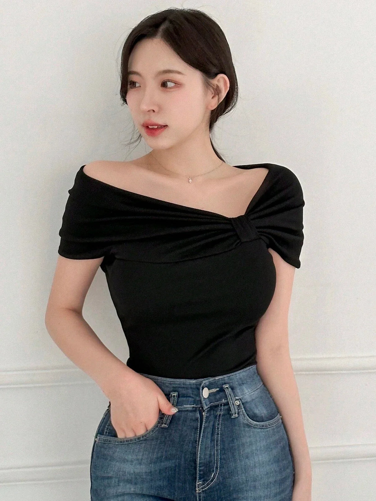 Buy SHEIN DAZY Women's Solid Color Asymmetric Collar & Pleated T-Shirt in Pakistan