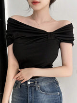 Buy SHEIN DAZY Women's Solid Color Asymmetric Collar & Pleated T-Shirt in Pakistan