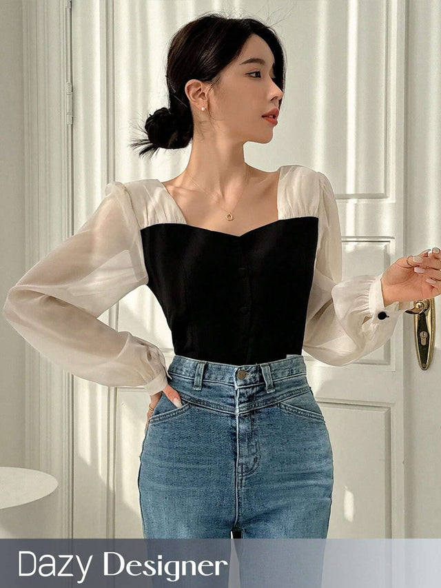 Buy SHEIN Dazy Designer Women's Color-Blocked Patchwork Long Sleeve Shirt in Pakistan