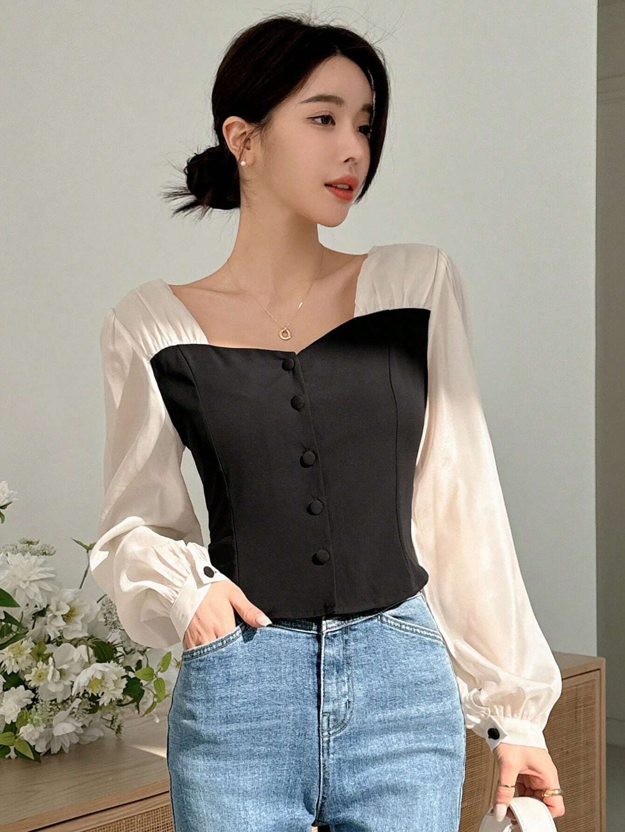 Buy SHEIN Dazy Designer Women's Color-Blocked Patchwork Long Sleeve Shirt in Pakistan