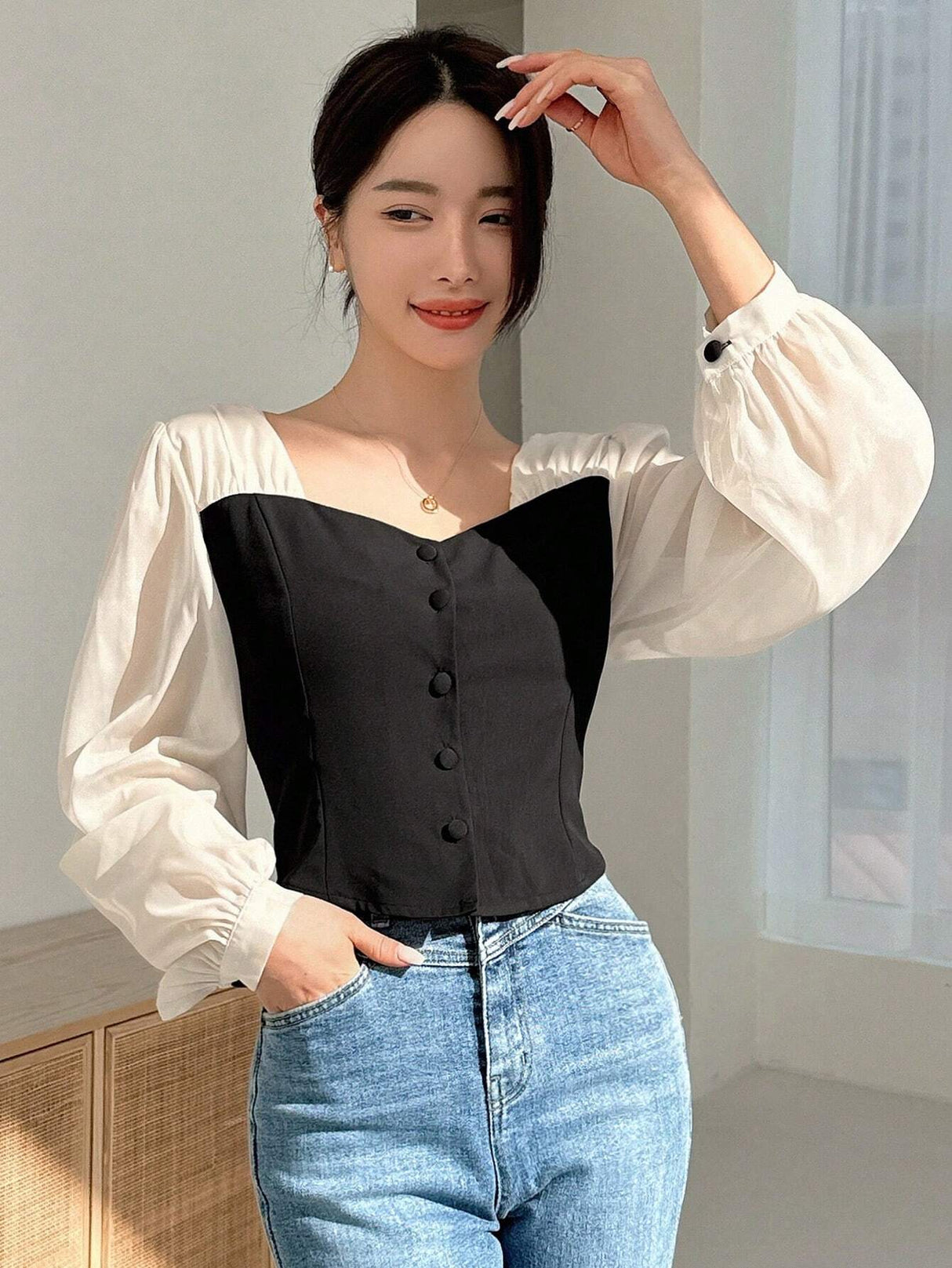 Buy SHEIN Dazy Designer Women's Color-Blocked Patchwork Long Sleeve Shirt in Pakistan