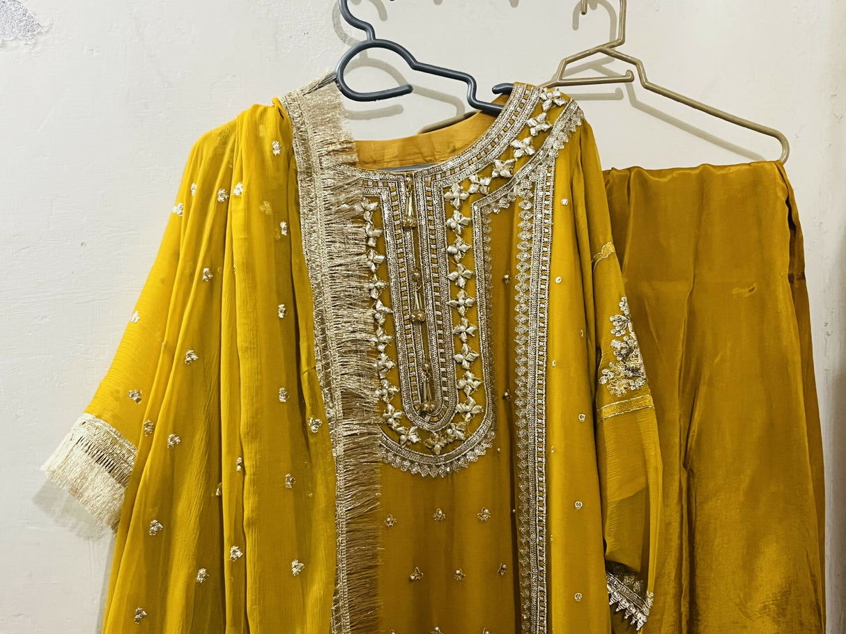 Sheikh Botique | Mehandi Chiffon Dress | Medium | Worn Once