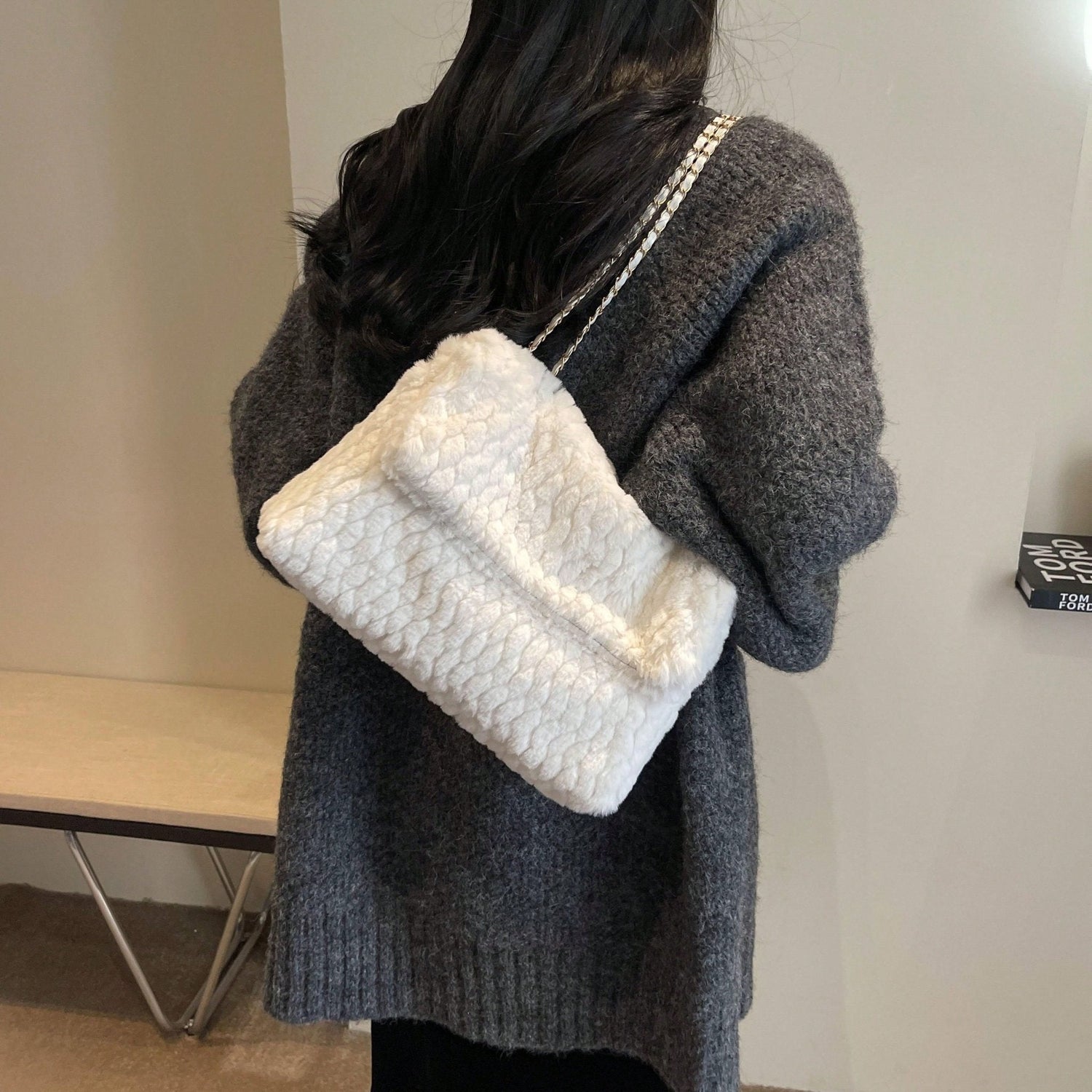 Buy SHEIN Fashionable Solid Color Furry Metal Chain Shoulder Bag in Pakistan