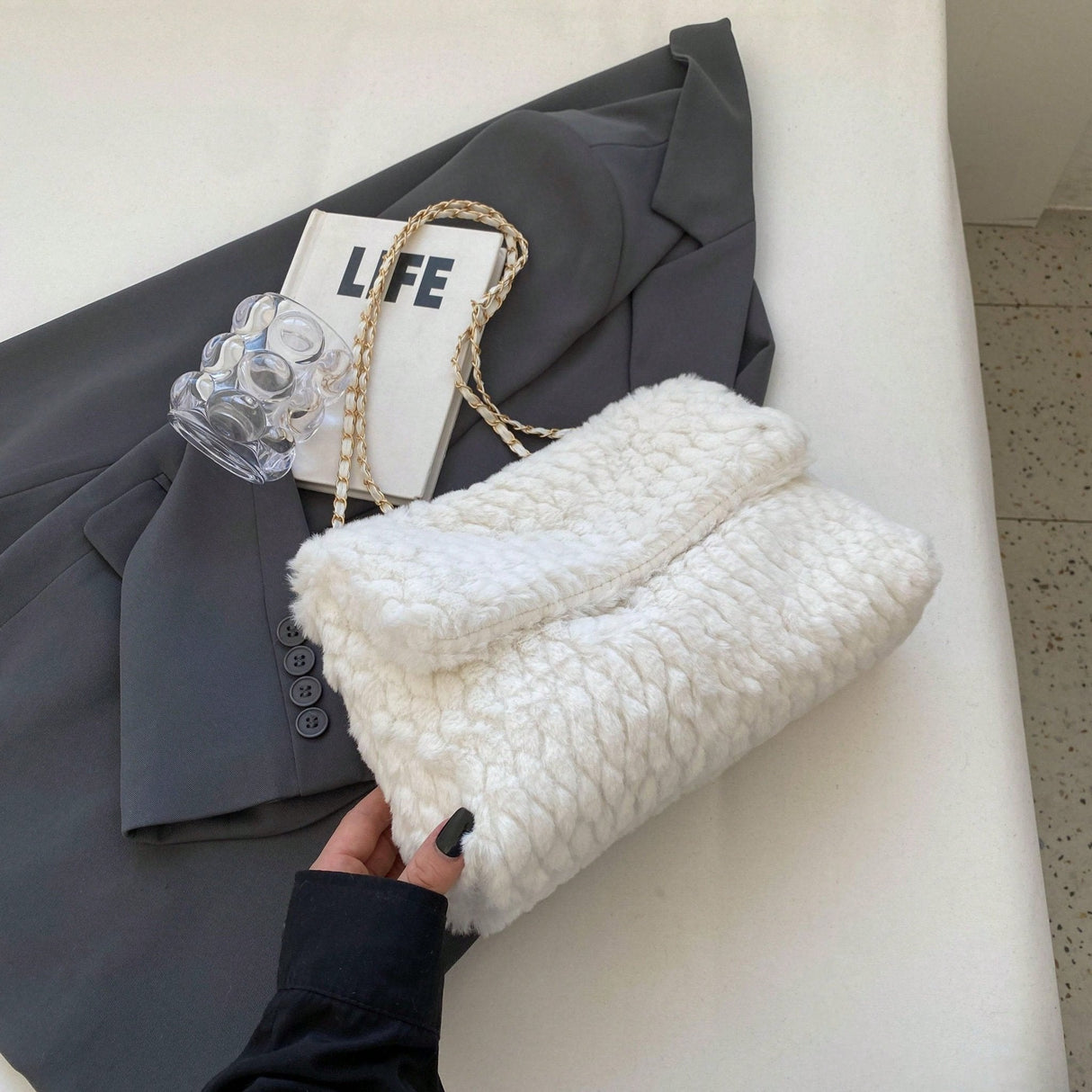 Buy SHEIN Fashionable Solid Color Furry Metal Chain Shoulder Bag in Pakistan