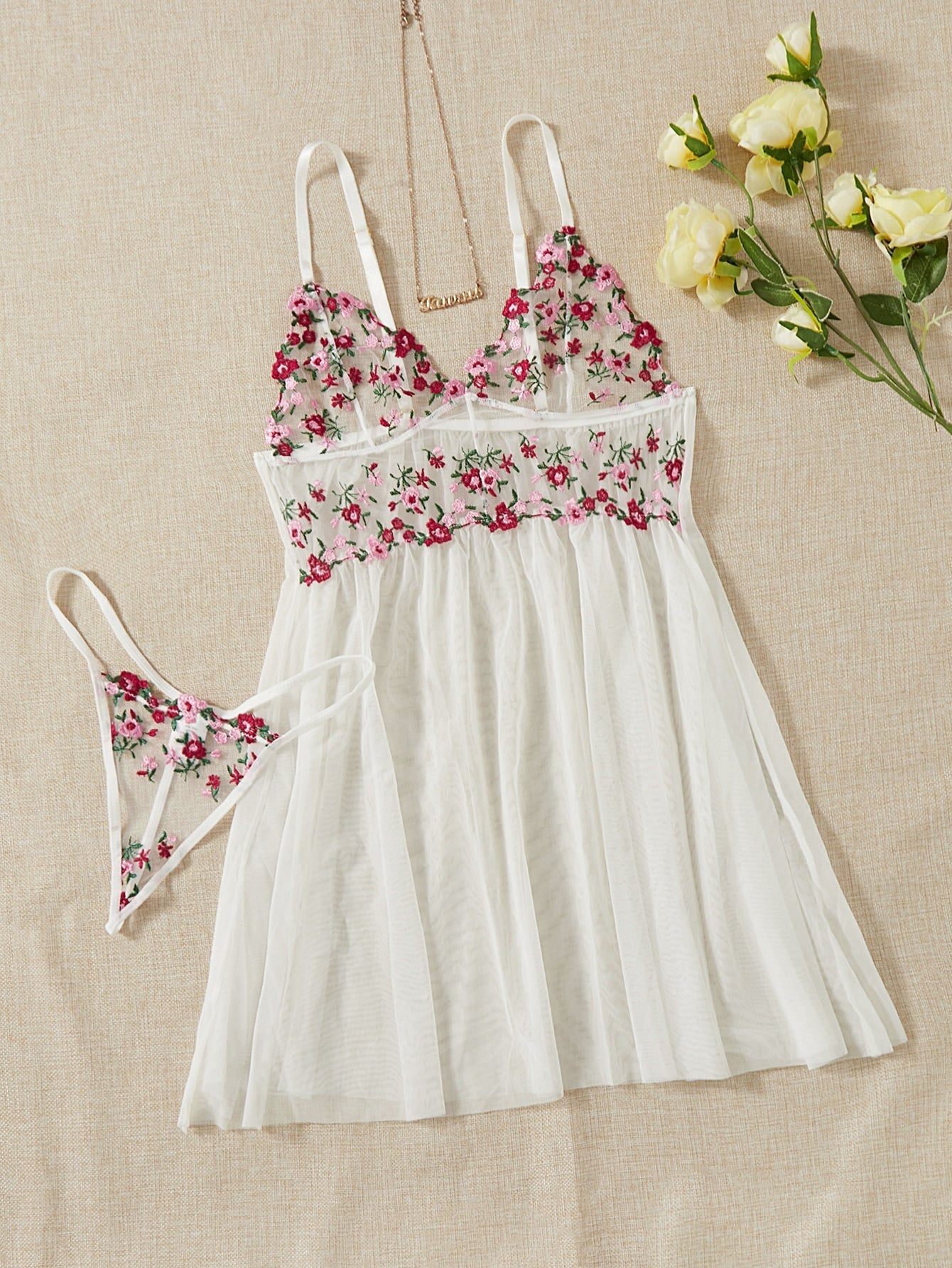 Buy SHEIN Floral Embroidery Mesh Slips With Thong in Pakistan