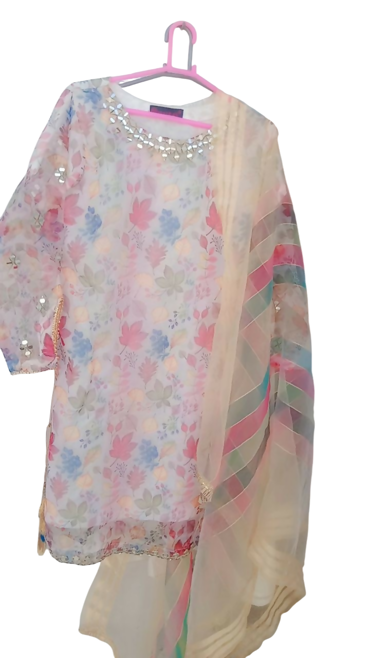 Digital Floral Leaf Prints & Mirror/Gotta-Patti Suit | Women Locally Made Formals | Medium | White | Worn Once