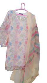 Digital Floral Leaf Prints & Mirror/Gotta-Patti Suit | Women Locally Made Formals | Medium | White | Worn Once