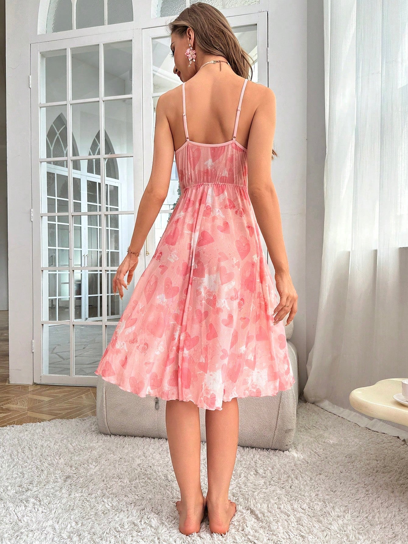 Buy SHEIN Heart Print Frill Trim Mesh Cami Nightdress in Pakistan