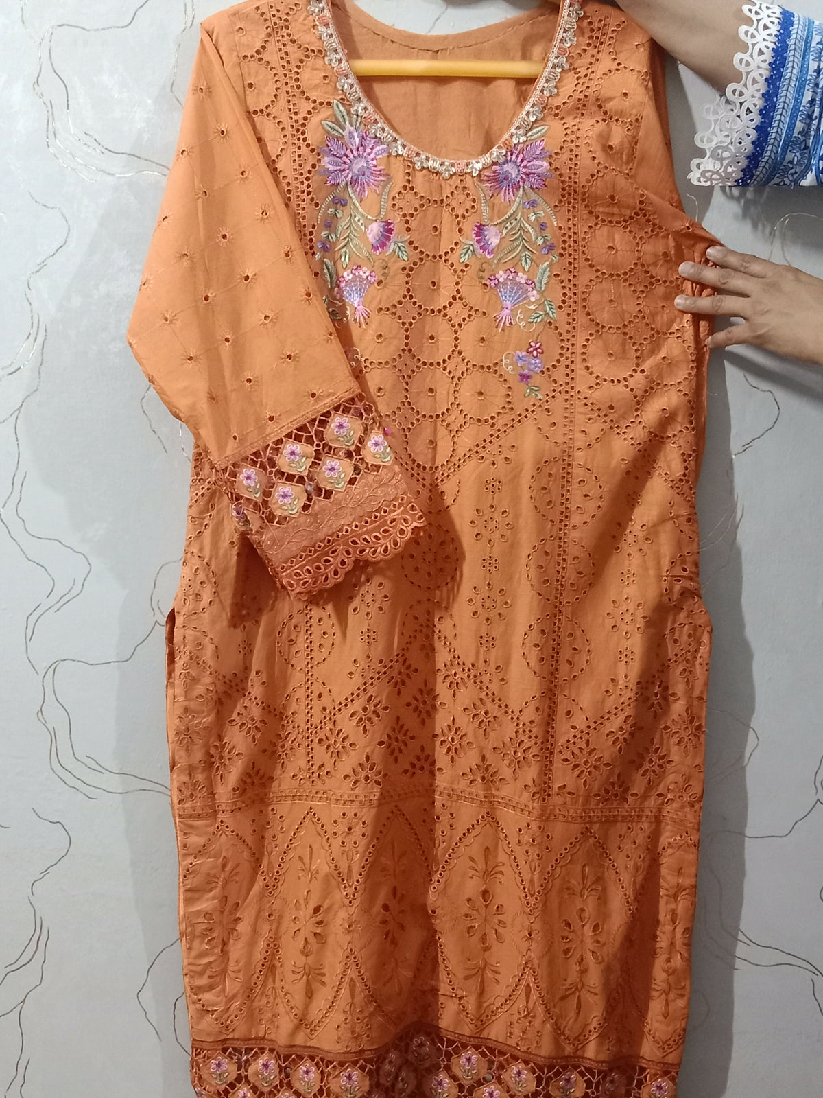 Embroidered Chicken Kari | Women Locally Made Kurta | Orange | Large | New