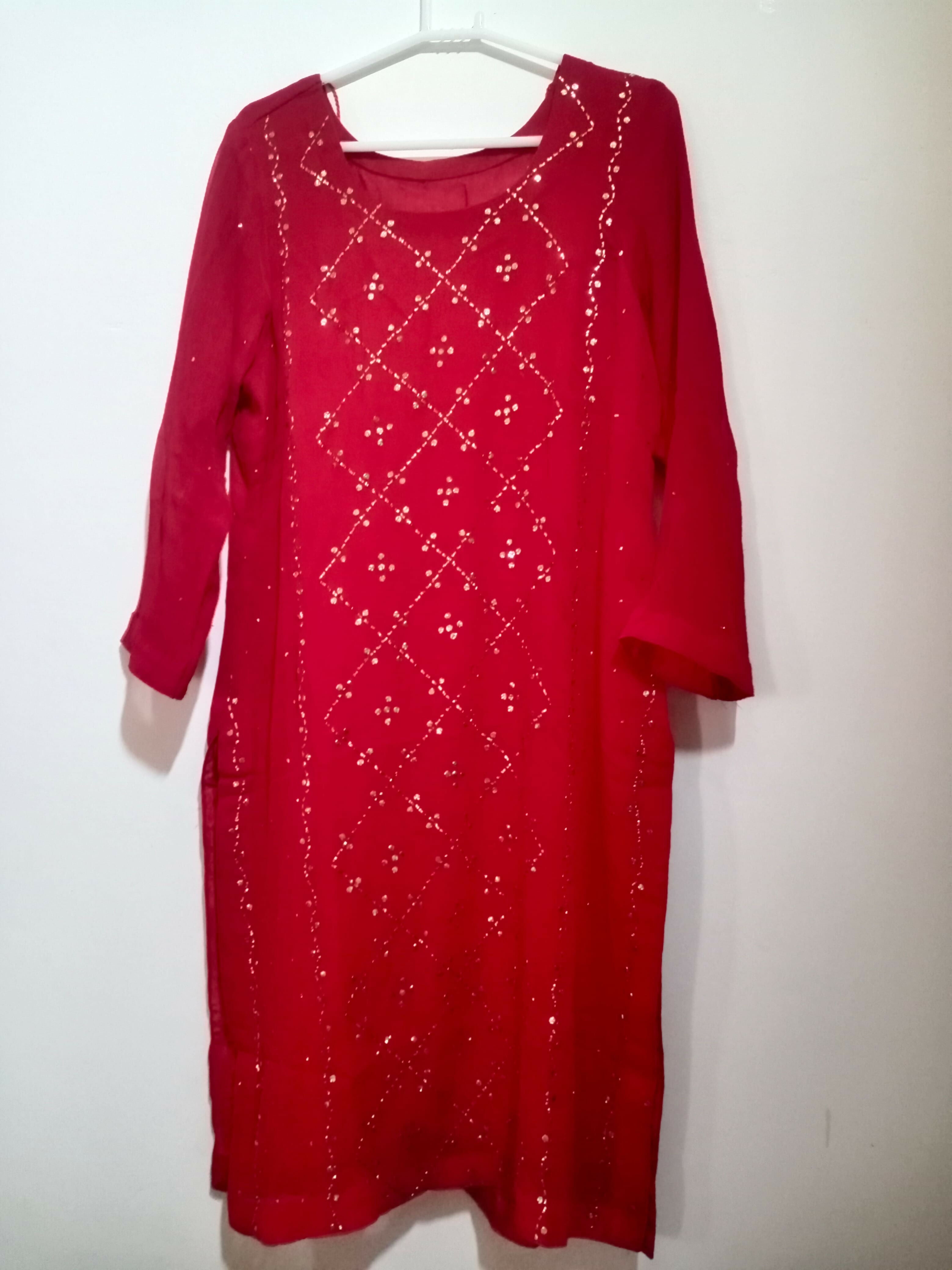 Blood red Mukesh chiffon Suit | Women Locally Made Formals | X Large | Preloved