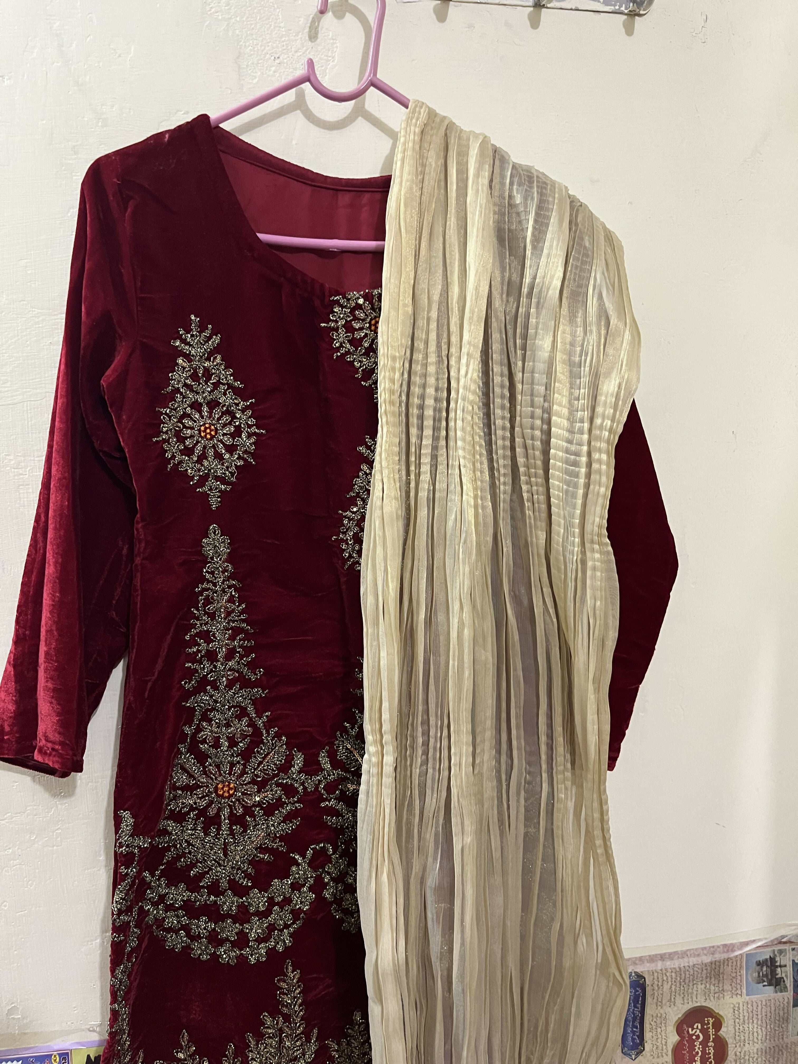 Sheikh Boutique | Red Velvet Formal Kurta | Women Branded Formals | Worn Once