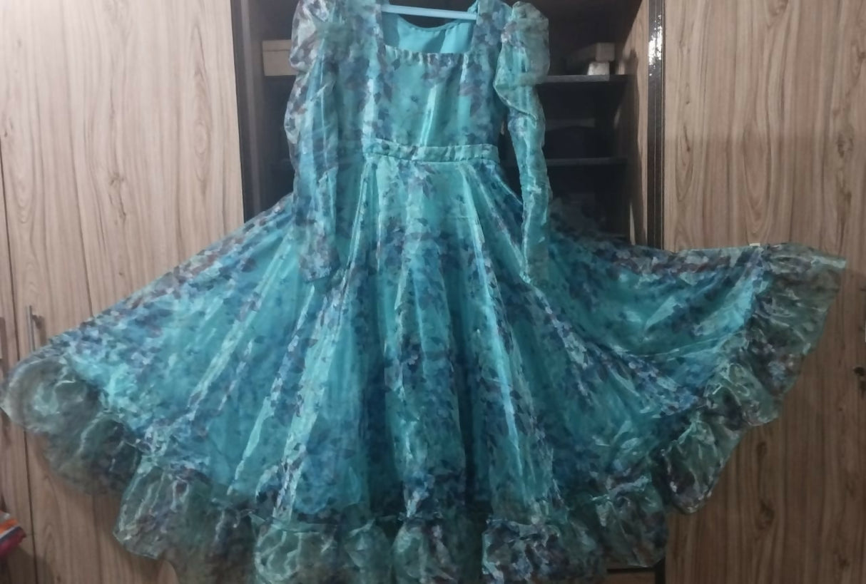 Girl's Organza Zink Colour Frock | Floral Long Frock with Frill | Women Frocks & Maxis | Small | Worn Once