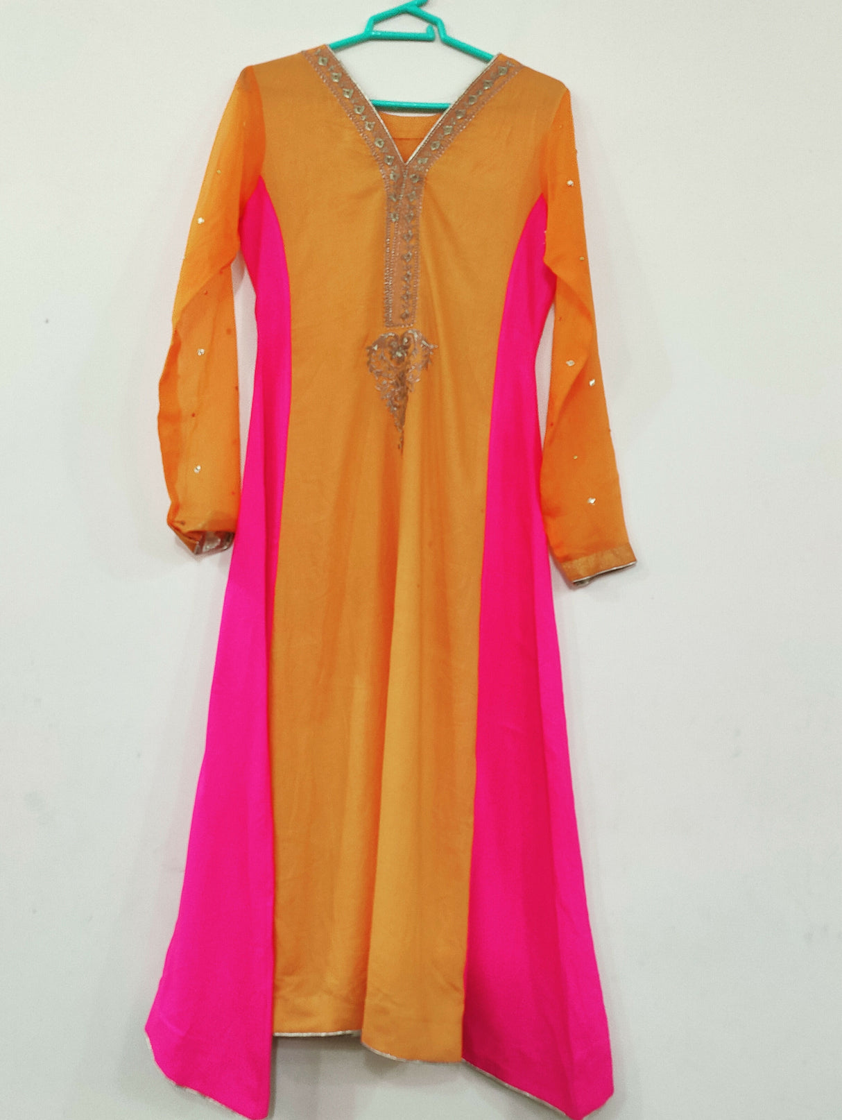 Embroidered Orange Pink Long Shirt | Women Locally Made Kurta | Medium | Worn Once