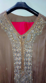 Brown Embroidered Shirt | Women Locally Made Kurta | Large | Preloved