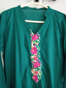 Bottle Green with pink floral embroidery | Women Locally Made Kurta | X Small | New