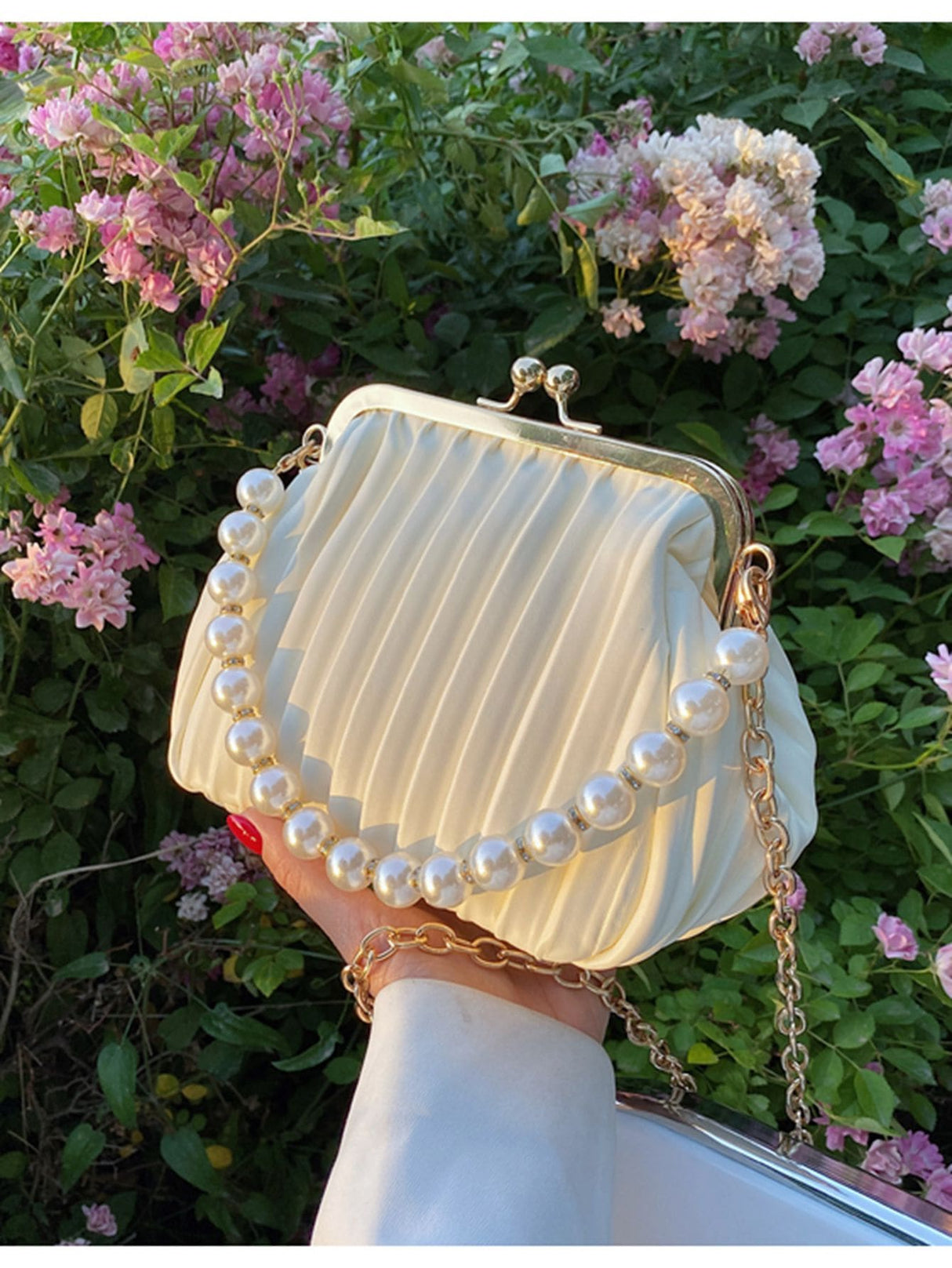 Buy SHEIN Lightweight Business Casual Argyle Princess Faux Pearl Decor Kiss Lock Satchel Bag in Pakistan