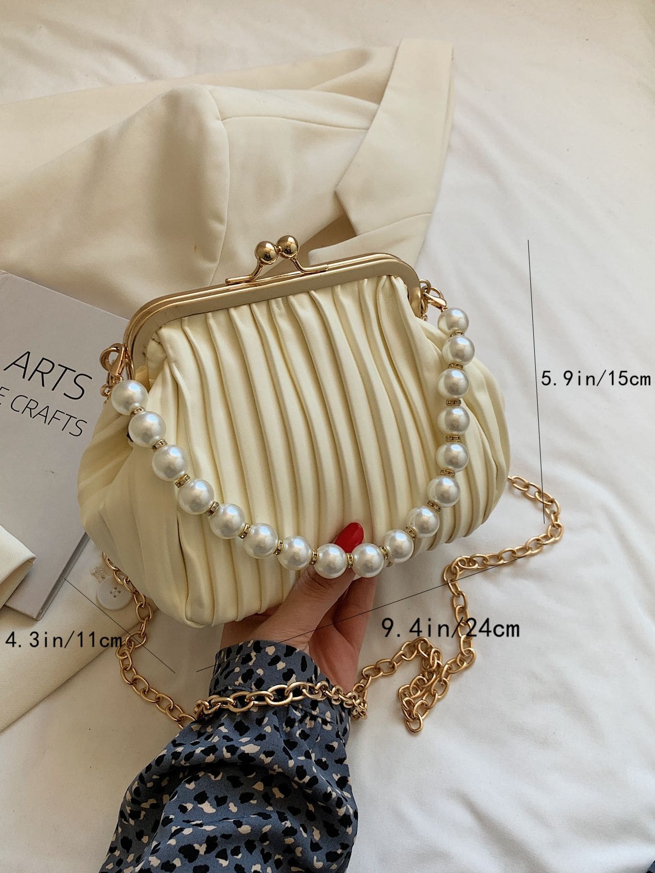 Buy SHEIN Lightweight Business Casual Argyle Princess Faux Pearl Decor Kiss Lock Satchel Bag in Pakistan