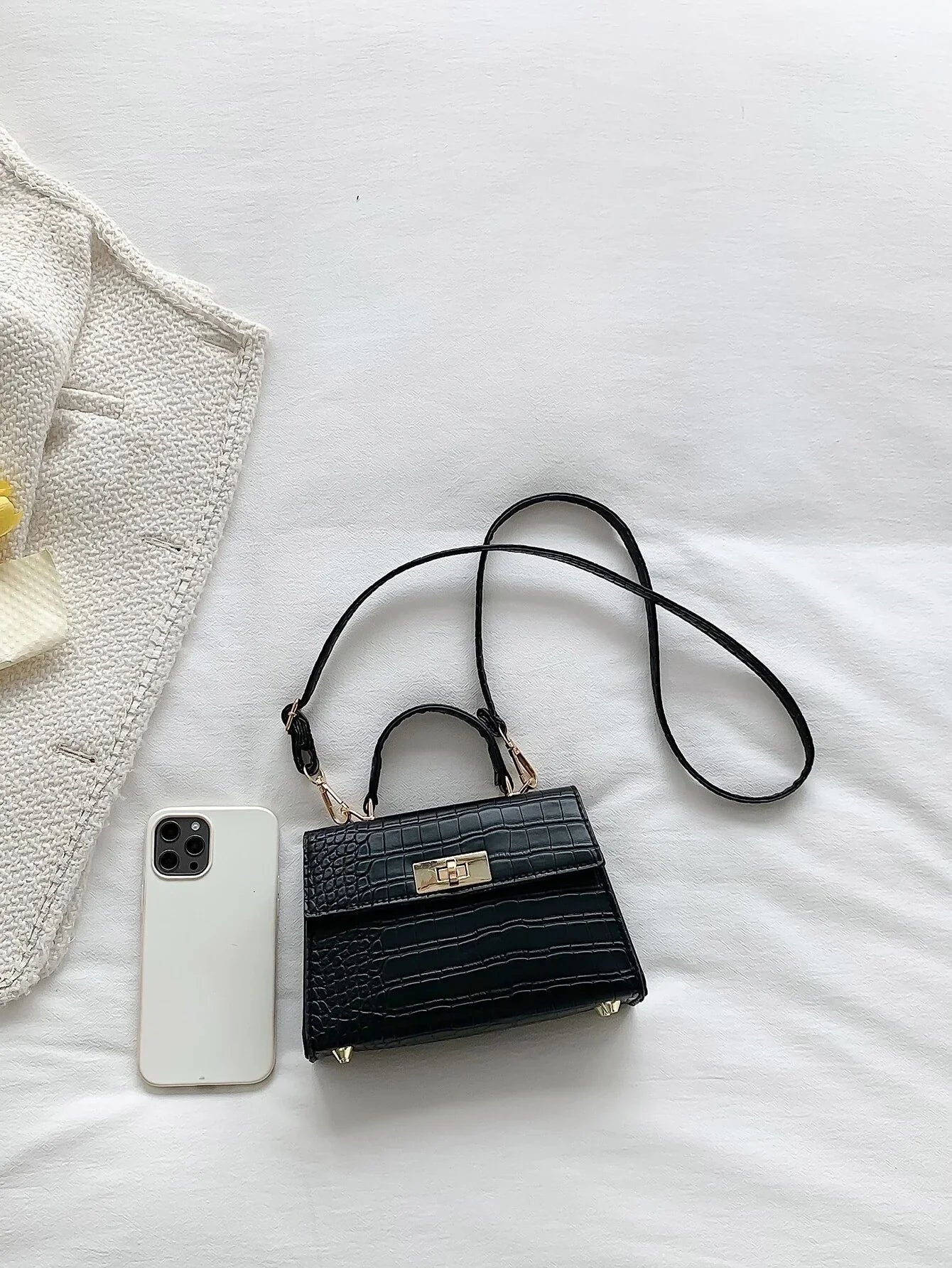 Buy SHEIN Lightweight,Business Casual Mini Crocodile Embossed Twist Lock Flap Square Bag in Pakistan