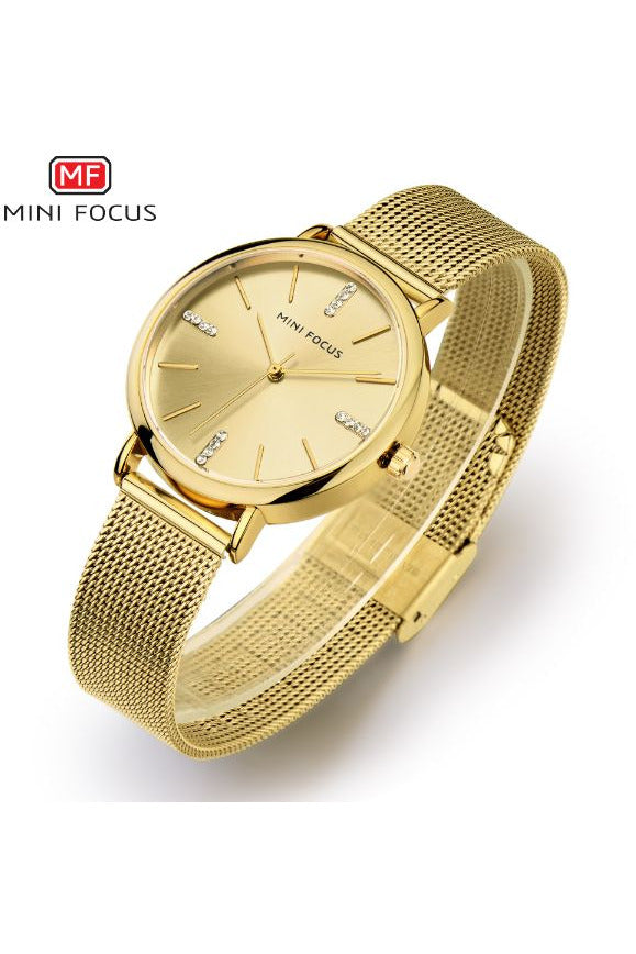 Buy Mini Focus  Golden Stainless Steel Mesh Golden Dial Quartz Watch for Ladies- MF0036L-01 in Pakistan