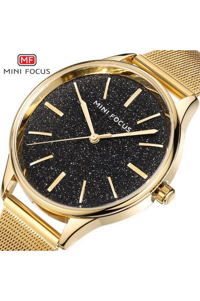Buy Mini Focus Golden Stainless Steel Mesh Black Dial Quartz Watch for Ladies- MF0044L-4 BL-GL-ST in Pakistan