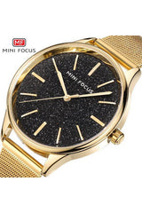 Buy Mini Focus Golden Stainless Steel Mesh Black Dial Quartz Watch for Ladies- MF0044L-4 BL-GL-ST in Pakistan
