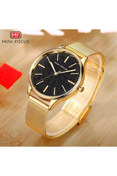 Buy Mini Focus Golden Stainless Steel Mesh Black Dial Quartz Watch for Ladies- MF0044L-4 BL-GL-ST in Pakistan