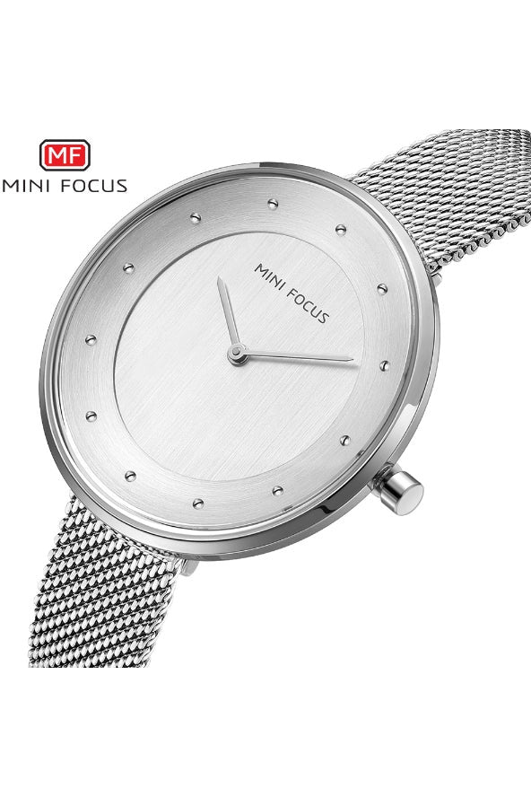 Buy Mini Focus Silver Stainless Steel Mesh Silver Dial Quartz Watch for Ladies- MF0179L-02 in Pakistan