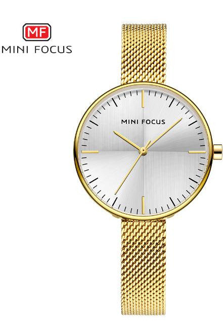 Buy Mini Focus Gold Stainless Steel Mesh Silver Dial Quartz Watch for Ladies- MF0275L-05 in Pakistan