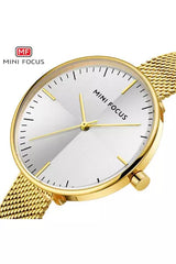 Buy Mini Focus Gold Stainless Steel Mesh Silver Dial Quartz Watch for Ladies- MF0275L-05 in Pakistan