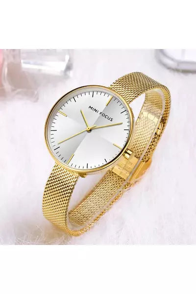 Buy Mini Focus Gold Stainless Steel Mesh Silver Dial Quartz Watch for Ladies- MF0275L-05 in Pakistan