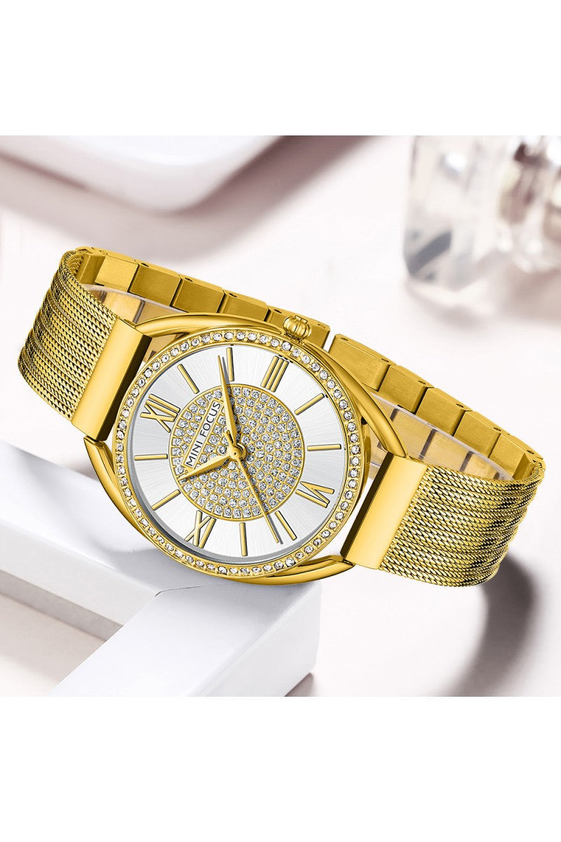 Buy Mini Focus  Gold Stainless Steel Mesh White Dial Japanese Watch for Ladies- MF0425L-02 in Pakistan