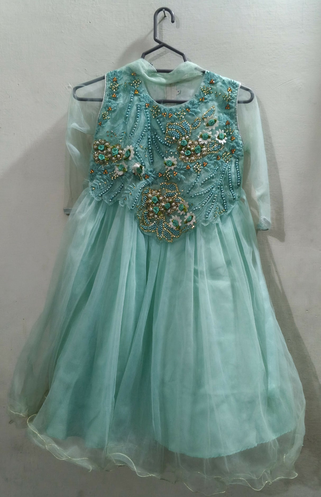 3 PC Sea Green Embroidered Frock | Girls Skirts & Dresses | Size: 7 to 8 Yrs | Preloved