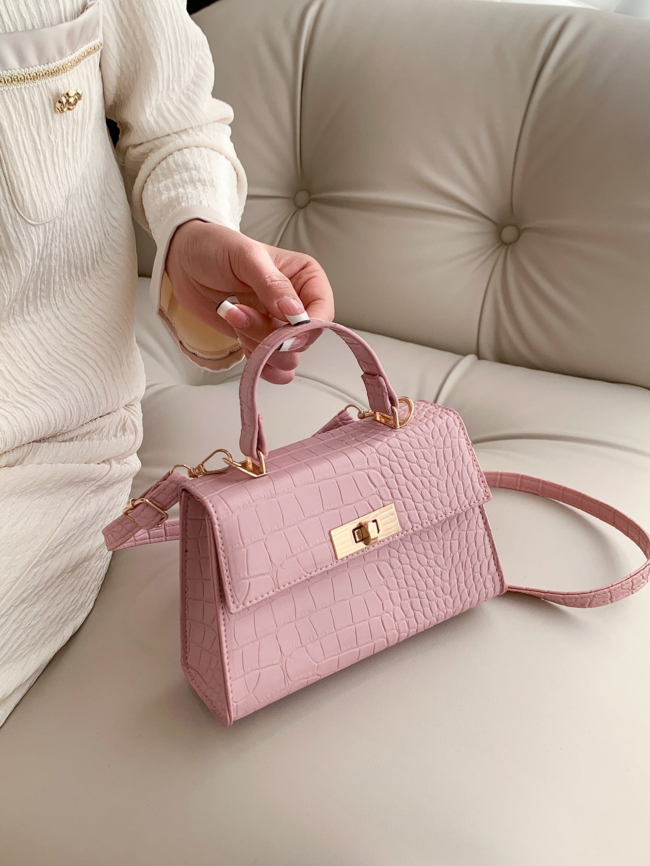 Buy SHEIN Mini Crocodile Embossed Twist Lock Flap Square Bag in Pakistan