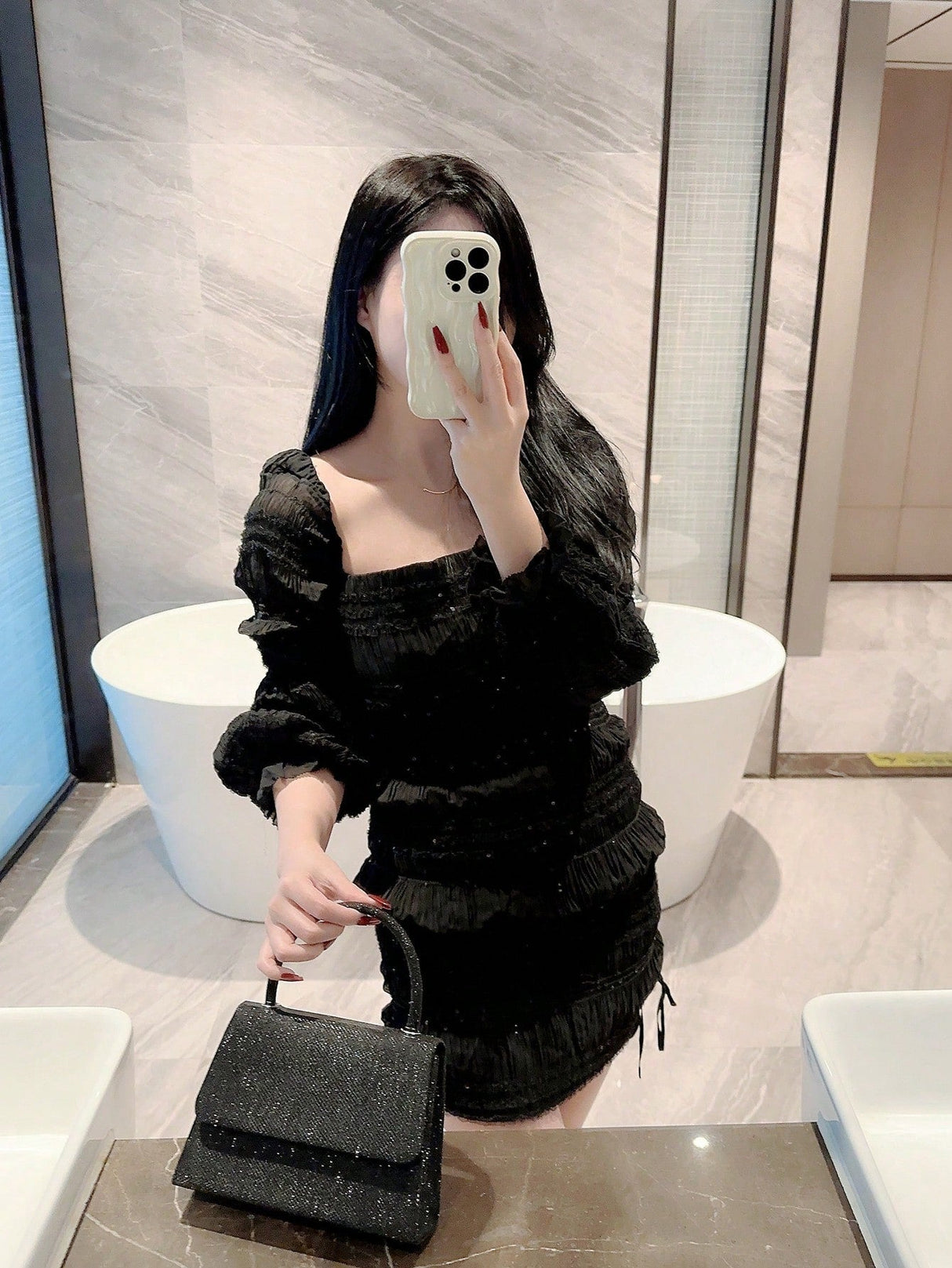 Buy SHEIN Mini Flap Square Bag Glitter Black Minimalist in Pakistan